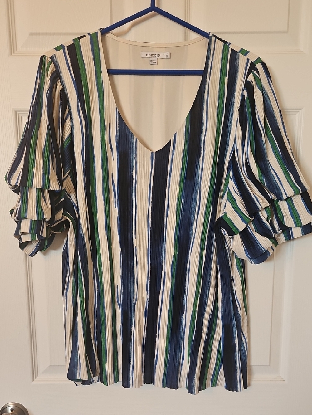 Chico's Blue, Green & Cream Striped V-Neck Ruffle Sleeve Blouse
